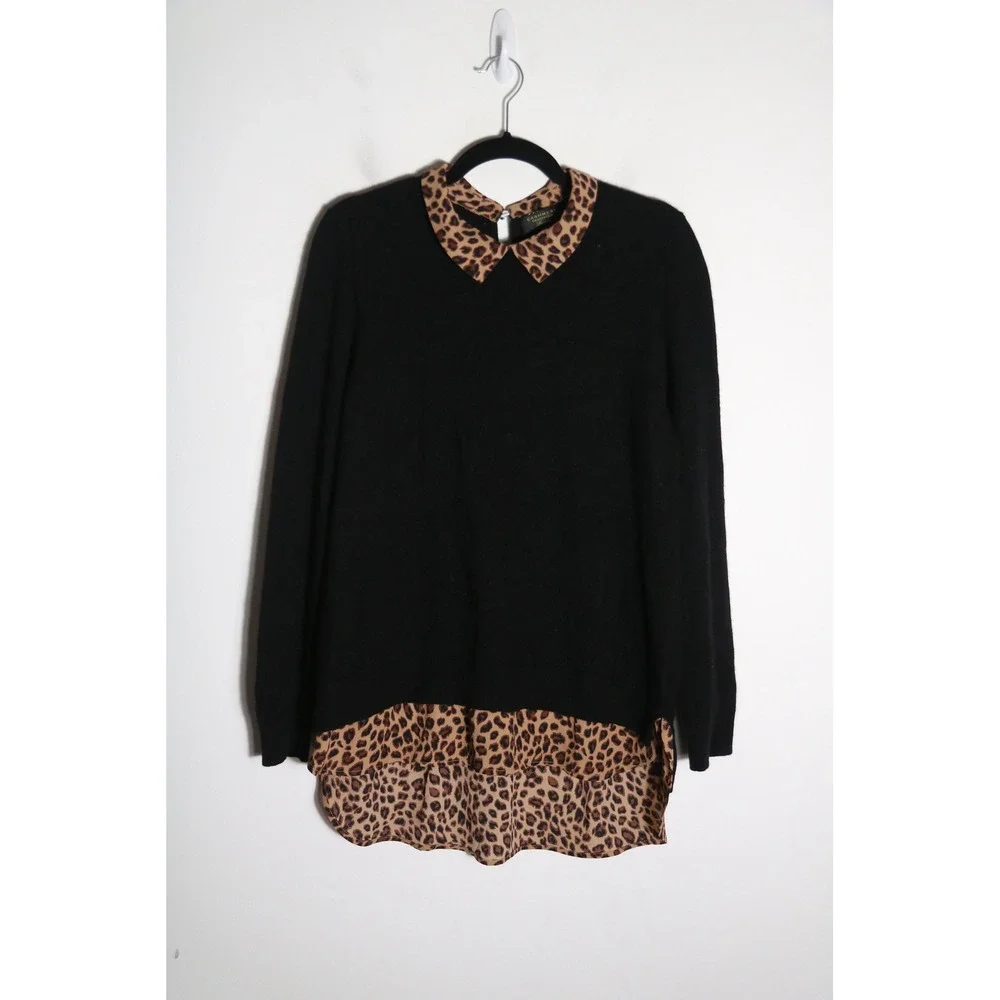 Charter Club 100% Cashmere Sweater Large Black Leopard Blouse Trim Preppy